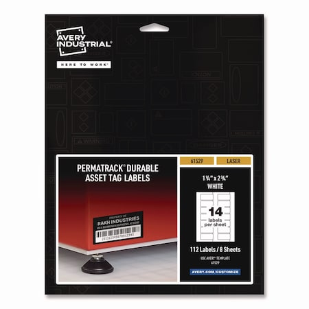 Avery PermaTrack Durable Wht Asset Tag Labels, Laser, 1.25x2.75, Wht, PK112 61529